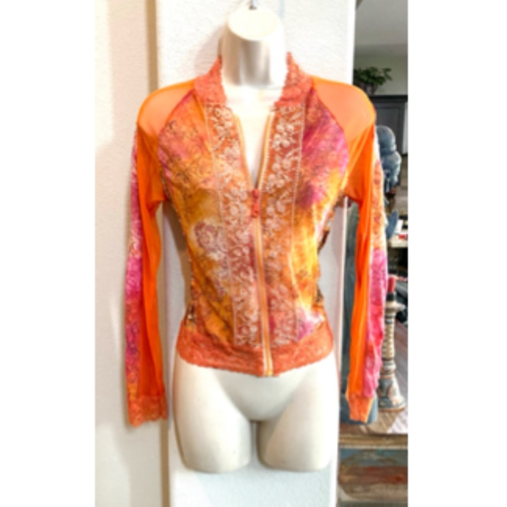 NWOT Lulu H Paris sheer embroidered zip up cardigan. Sz small